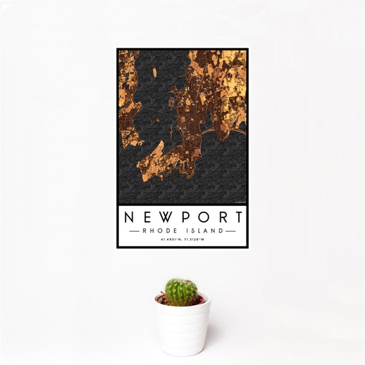 12x18 Newport Rhode Island Map Print Portrait Orientation in Ember Style With Small Cactus Plant in White Planter