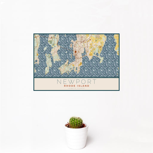 12x18 Newport Rhode Island Map Print Landscape Orientation in Woodblock Style With Small Cactus Plant in White Planter