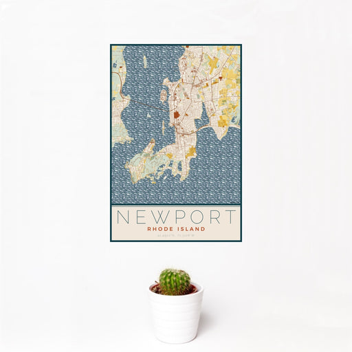 12x18 Newport Rhode Island Map Print Portrait Orientation in Woodblock Style With Small Cactus Plant in White Planter