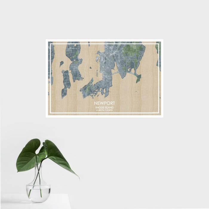 16x24 Newport Rhode Island Map Print Landscape Orientation in Afternoon Style With Tropical Plant Leaves in Water
