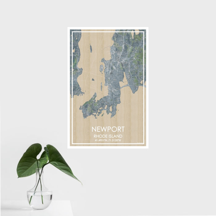 16x24 Newport Rhode Island Map Print Portrait Orientation in Afternoon Style With Tropical Plant Leaves in Water
