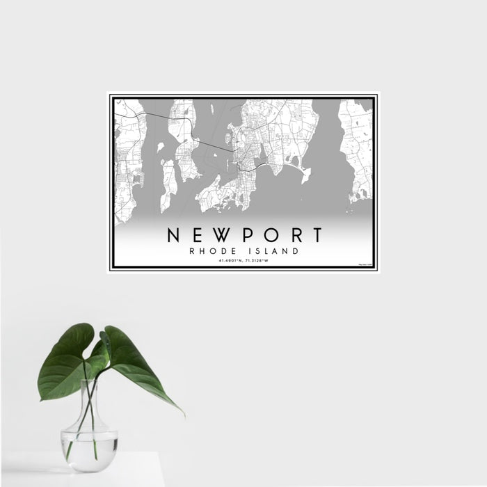 16x24 Newport Rhode Island Map Print Landscape Orientation in Classic Style With Tropical Plant Leaves in Water