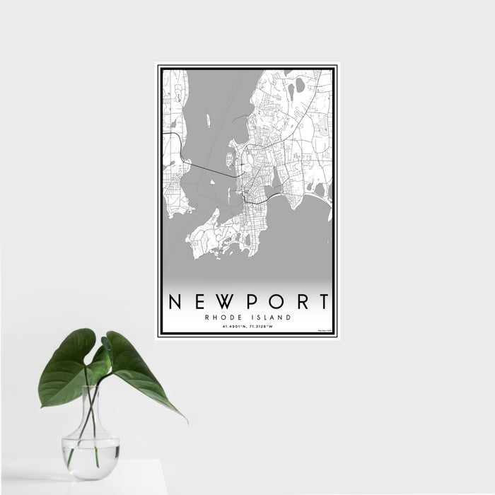 16x24 Newport Rhode Island Map Print Portrait Orientation in Classic Style With Tropical Plant Leaves in Water
