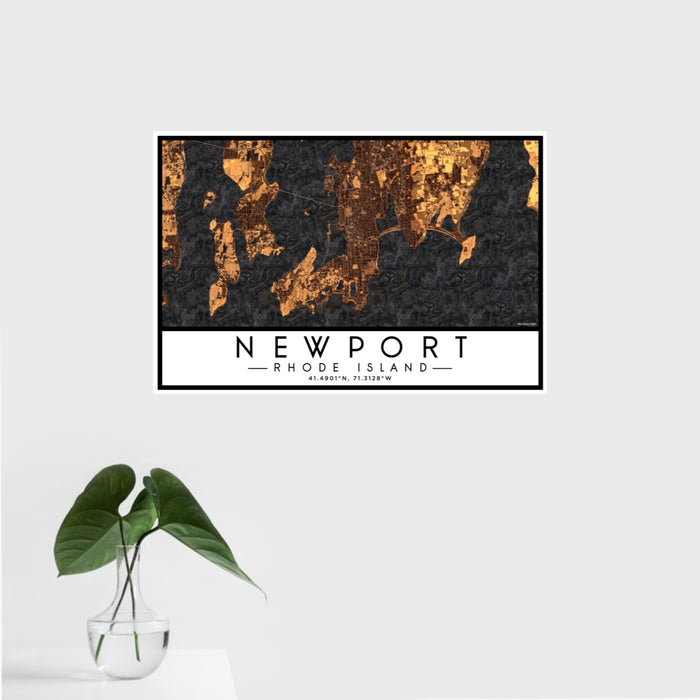 16x24 Newport Rhode Island Map Print Landscape Orientation in Ember Style With Tropical Plant Leaves in Water