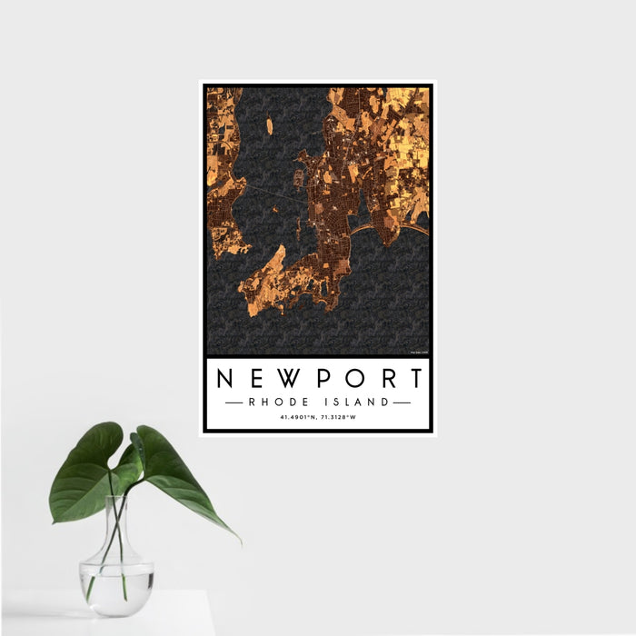 16x24 Newport Rhode Island Map Print Portrait Orientation in Ember Style With Tropical Plant Leaves in Water