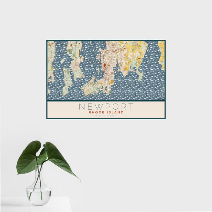16x24 Newport Rhode Island Map Print Landscape Orientation in Woodblock Style With Tropical Plant Leaves in Water