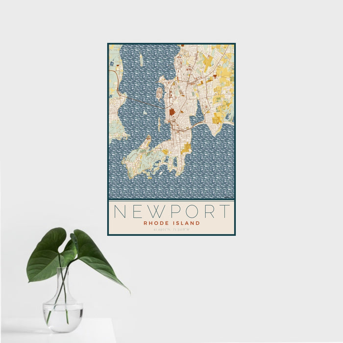 16x24 Newport Rhode Island Map Print Portrait Orientation in Woodblock Style With Tropical Plant Leaves in Water