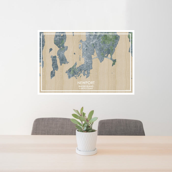 24x36 Newport Rhode Island Map Print Lanscape Orientation in Afternoon Style Behind 2 Chairs Table and Potted Plant