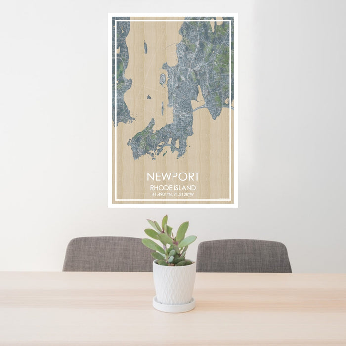 24x36 Newport Rhode Island Map Print Portrait Orientation in Afternoon Style Behind 2 Chairs Table and Potted Plant