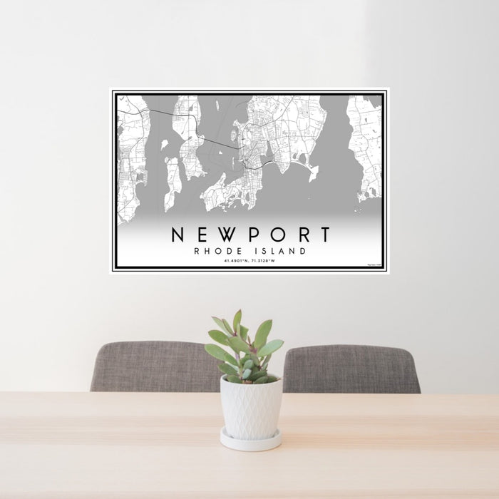 24x36 Newport Rhode Island Map Print Lanscape Orientation in Classic Style Behind 2 Chairs Table and Potted Plant