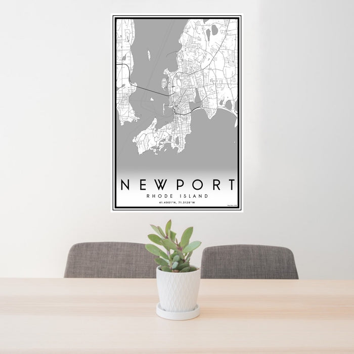 24x36 Newport Rhode Island Map Print Portrait Orientation in Classic Style Behind 2 Chairs Table and Potted Plant