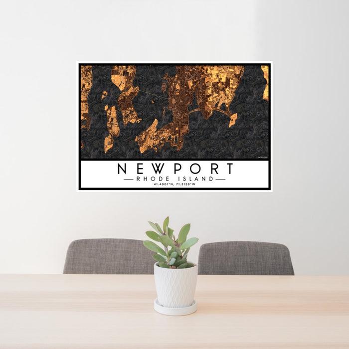 24x36 Newport Rhode Island Map Print Lanscape Orientation in Ember Style Behind 2 Chairs Table and Potted Plant
