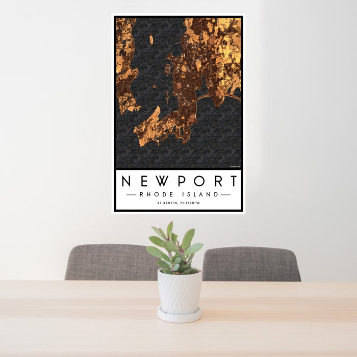24x36 Newport Rhode Island Map Print Portrait Orientation in Ember Style Behind 2 Chairs Table and Potted Plant