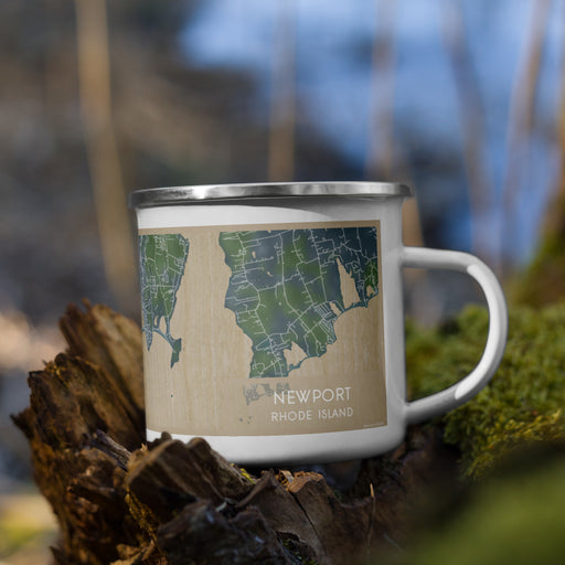 Right View Custom Newport Rhode Island Map Enamel Mug in Afternoon on Grass With Trees in Background