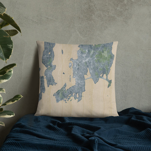 Custom Newport Rhode Island Map Throw Pillow in Afternoon on Bedding Against Wall