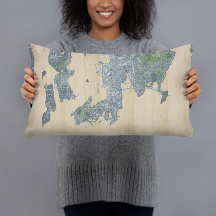 Person holding 20x12 Custom Newport Rhode Island Map Throw Pillow in Afternoon