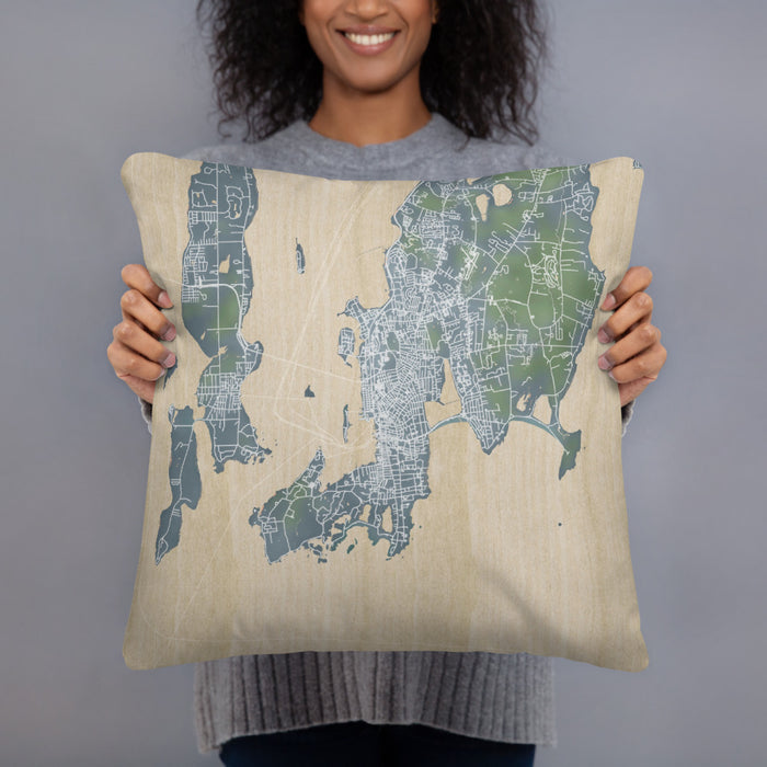 Person holding 18x18 Custom Newport Rhode Island Map Throw Pillow in Afternoon