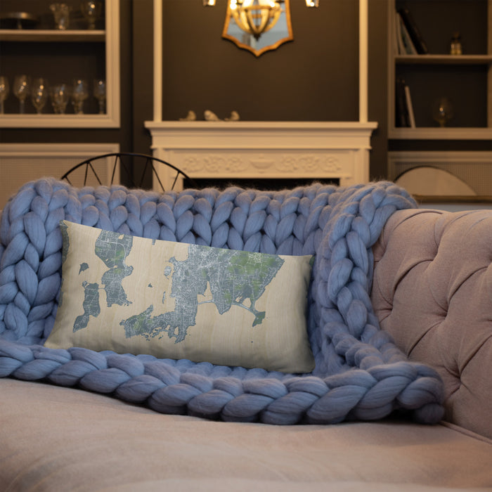 Custom Newport Rhode Island Map Throw Pillow in Afternoon on Blue Colored Chair