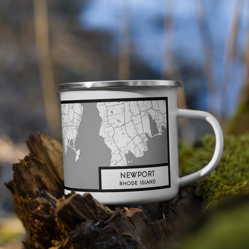 Right View Custom Newport Rhode Island Map Enamel Mug in Classic on Grass With Trees in Background