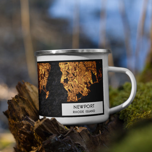 Right View Custom Newport Rhode Island Map Enamel Mug in Ember on Grass With Trees in Background