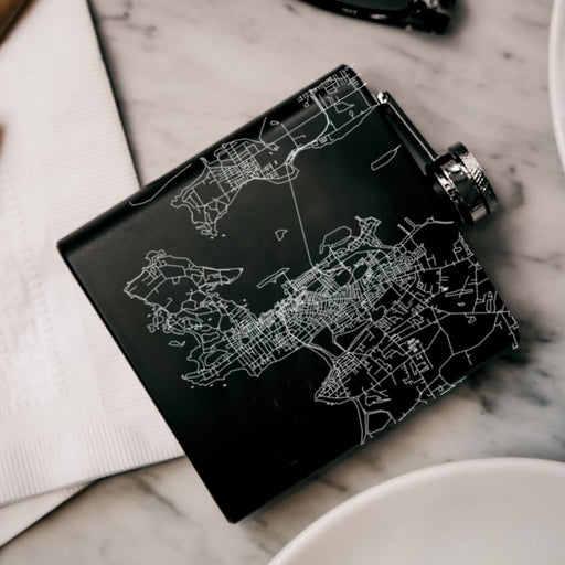 Newport Rhode Island Custom Engraved City Map Inscription Coordinates on 6oz Stainless Steel Flask in Black