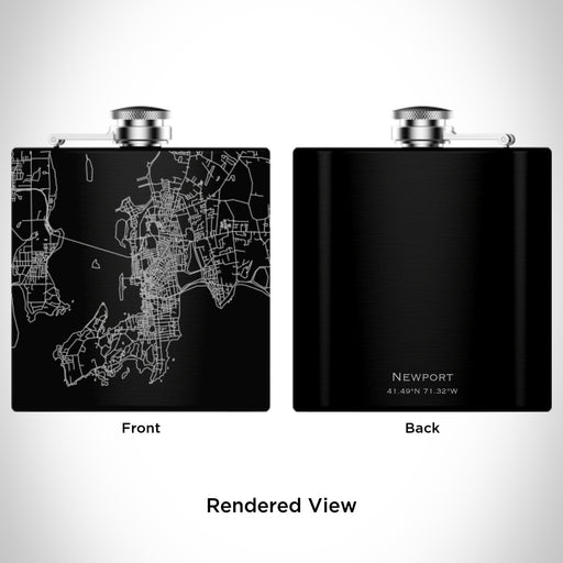 Rendered View of Newport Rhode Island Map Engraving on 6oz Stainless Steel Flask in Black