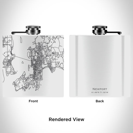 Rendered View of Newport Rhode Island Map Engraving on 6oz Stainless Steel Flask in White