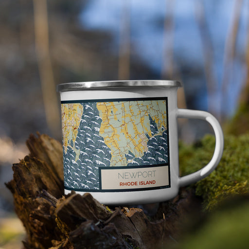 Right View Custom Newport Rhode Island Map Enamel Mug in Woodblock on Grass With Trees in Background