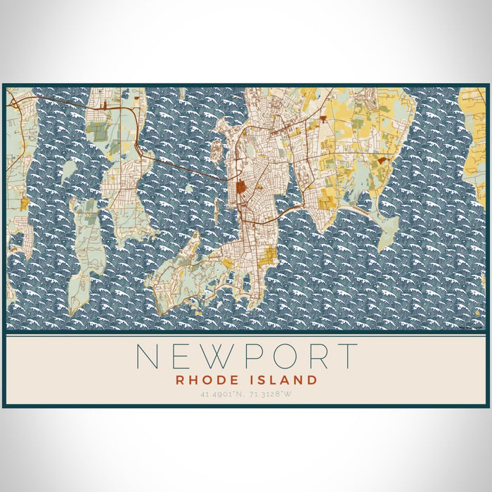 Newport Rhode Island Map Print Landscape Orientation in Woodblock Style With Shaded Background