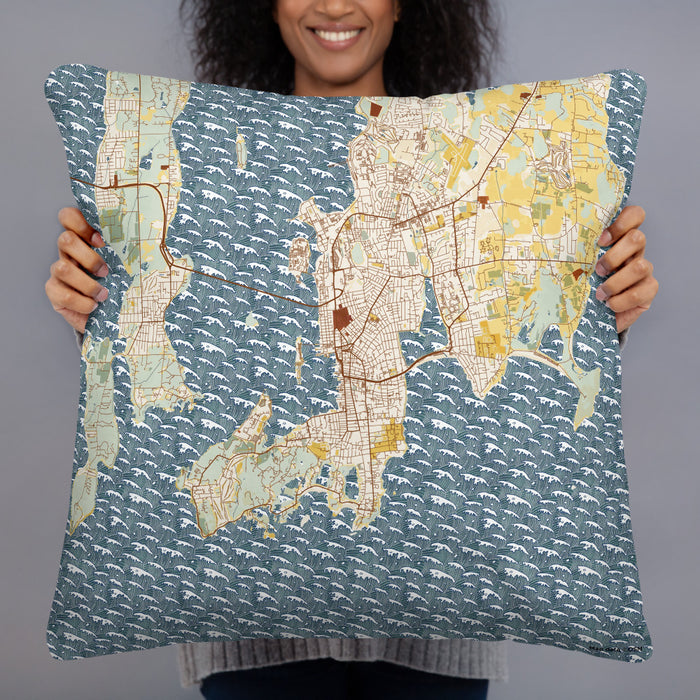 Person holding 22x22 Custom Newport Rhode Island Map Throw Pillow in Woodblock