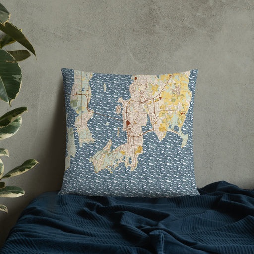 Custom Newport Rhode Island Map Throw Pillow in Woodblock on Bedding Against Wall