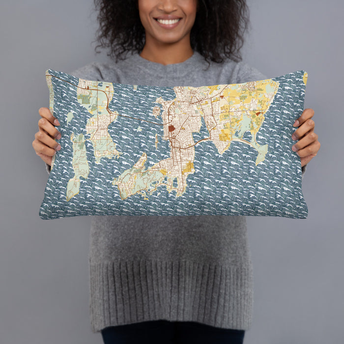 Person holding 20x12 Custom Newport Rhode Island Map Throw Pillow in Woodblock