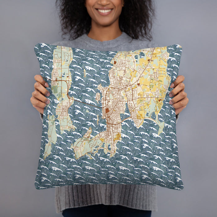 Person holding 18x18 Custom Newport Rhode Island Map Throw Pillow in Woodblock