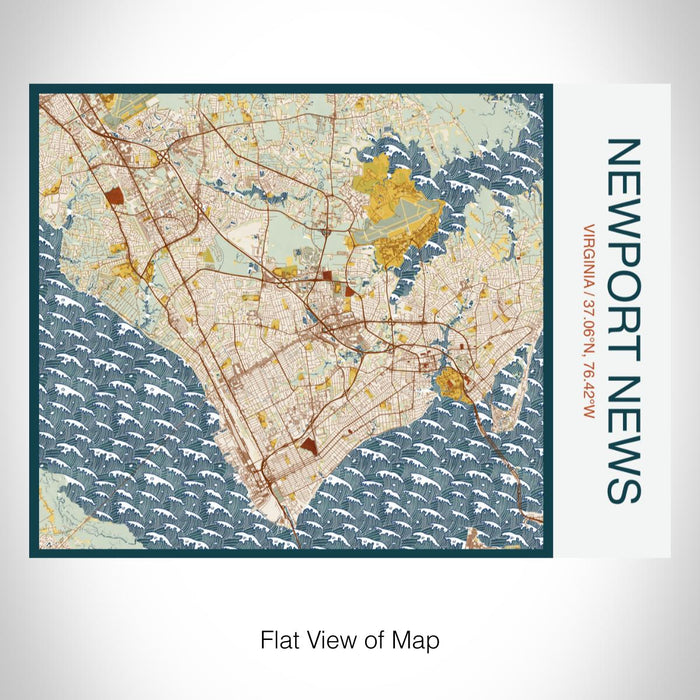 Rendered View of Newport News Virginia Map on 20oz Stainless Steel Insulated Bottle with Bamboo Top with printed woodblock style map