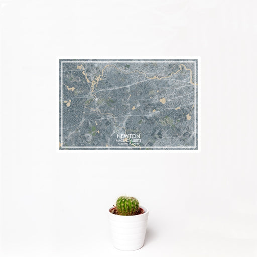 12x18 Newton Massachusetts Map Print Landscape Orientation in Afternoon Style With Small Cactus Plant in White Planter