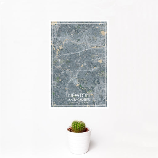 12x18 Newton Massachusetts Map Print Portrait Orientation in Afternoon Style With Small Cactus Plant in White Planter