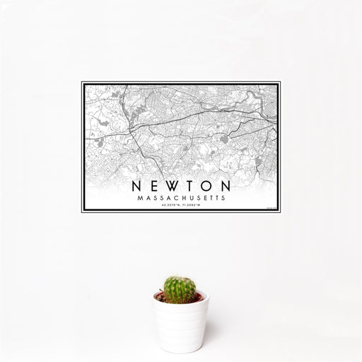12x18 Newton Massachusetts Map Print Landscape Orientation in Classic Style With Small Cactus Plant in White Planter