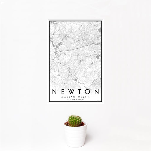 12x18 Newton Massachusetts Map Print Portrait Orientation in Classic Style With Small Cactus Plant in White Planter