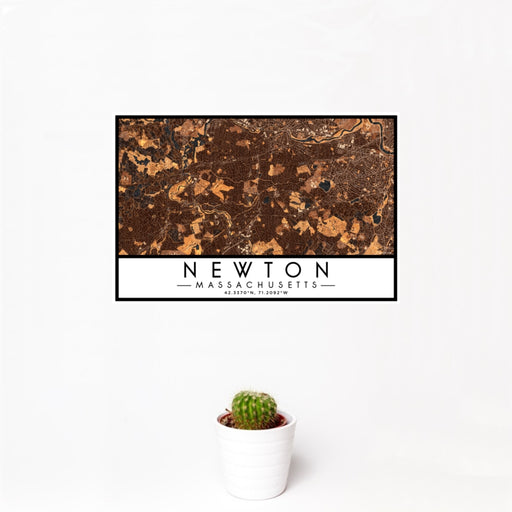 12x18 Newton Massachusetts Map Print Landscape Orientation in Ember Style With Small Cactus Plant in White Planter