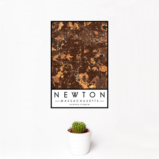 12x18 Newton Massachusetts Map Print Portrait Orientation in Ember Style With Small Cactus Plant in White Planter