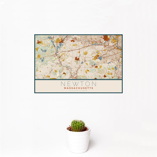 12x18 Newton Massachusetts Map Print Landscape Orientation in Woodblock Style With Small Cactus Plant in White Planter
