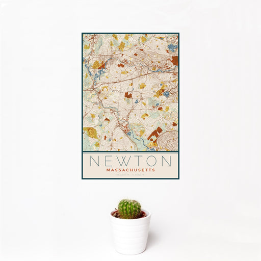 12x18 Newton Massachusetts Map Print Portrait Orientation in Woodblock Style With Small Cactus Plant in White Planter