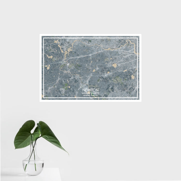 16x24 Newton Massachusetts Map Print Landscape Orientation in Afternoon Style With Tropical Plant Leaves in Water