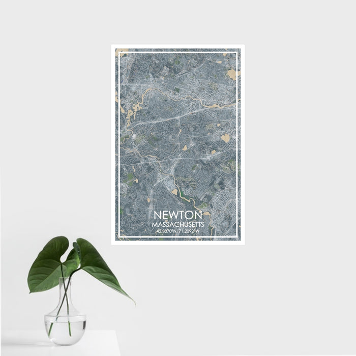 16x24 Newton Massachusetts Map Print Portrait Orientation in Afternoon Style With Tropical Plant Leaves in Water