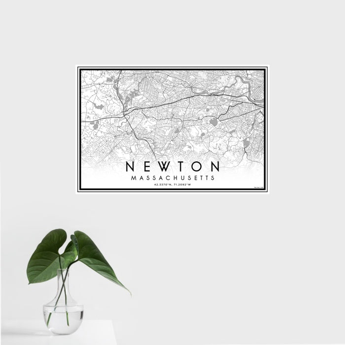 16x24 Newton Massachusetts Map Print Landscape Orientation in Classic Style With Tropical Plant Leaves in Water