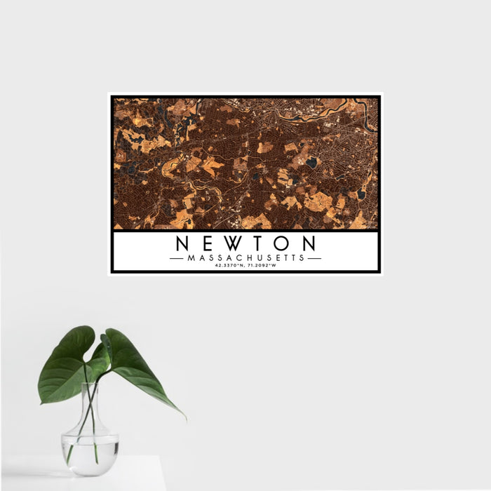 16x24 Newton Massachusetts Map Print Landscape Orientation in Ember Style With Tropical Plant Leaves in Water