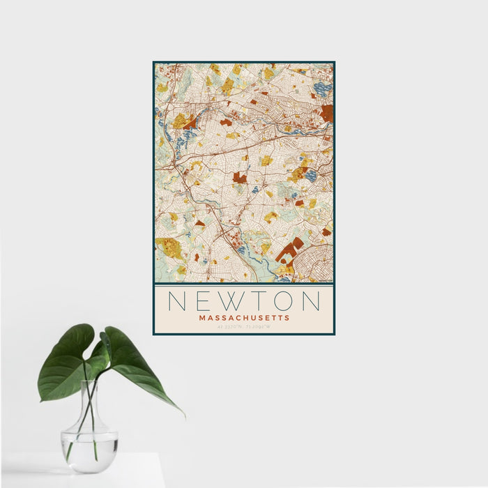 16x24 Newton Massachusetts Map Print Portrait Orientation in Woodblock Style With Tropical Plant Leaves in Water