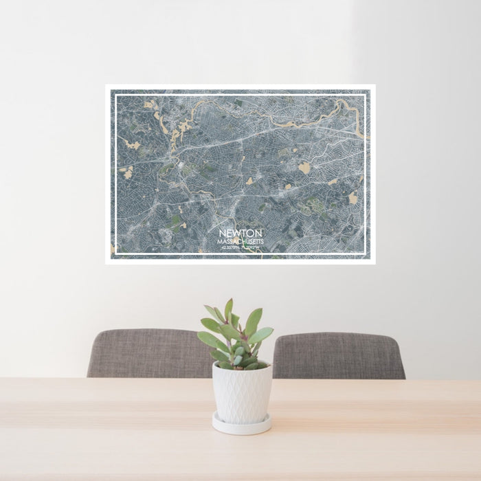 24x36 Newton Massachusetts Map Print Lanscape Orientation in Afternoon Style Behind 2 Chairs Table and Potted Plant