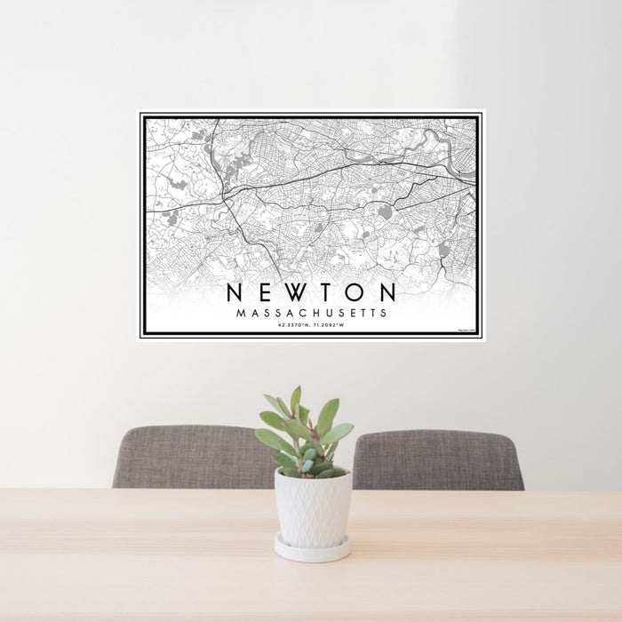 24x36 Newton Massachusetts Map Print Lanscape Orientation in Classic Style Behind 2 Chairs Table and Potted Plant