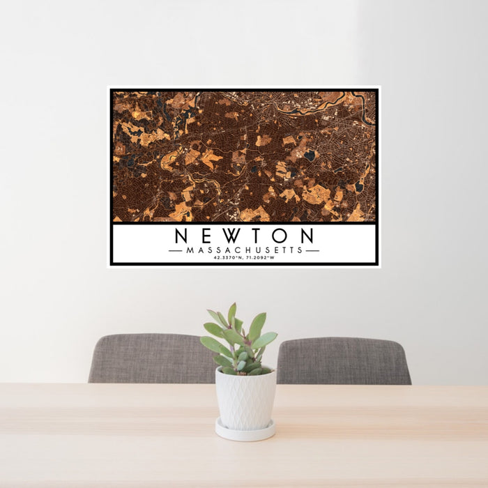 24x36 Newton Massachusetts Map Print Lanscape Orientation in Ember Style Behind 2 Chairs Table and Potted Plant